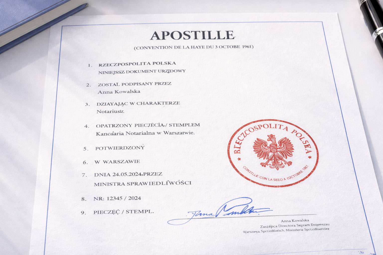 Official Hague Convention Apostille in Poland on legal documents.