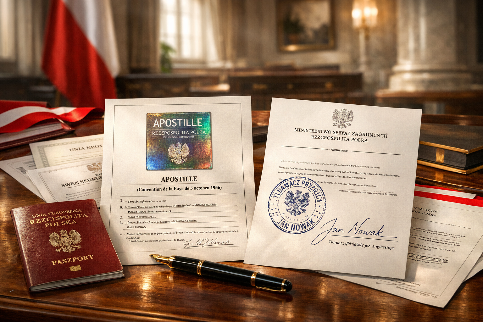 Minimalist colorful illustration showing how to make a sworn translation legally valid for an apostille