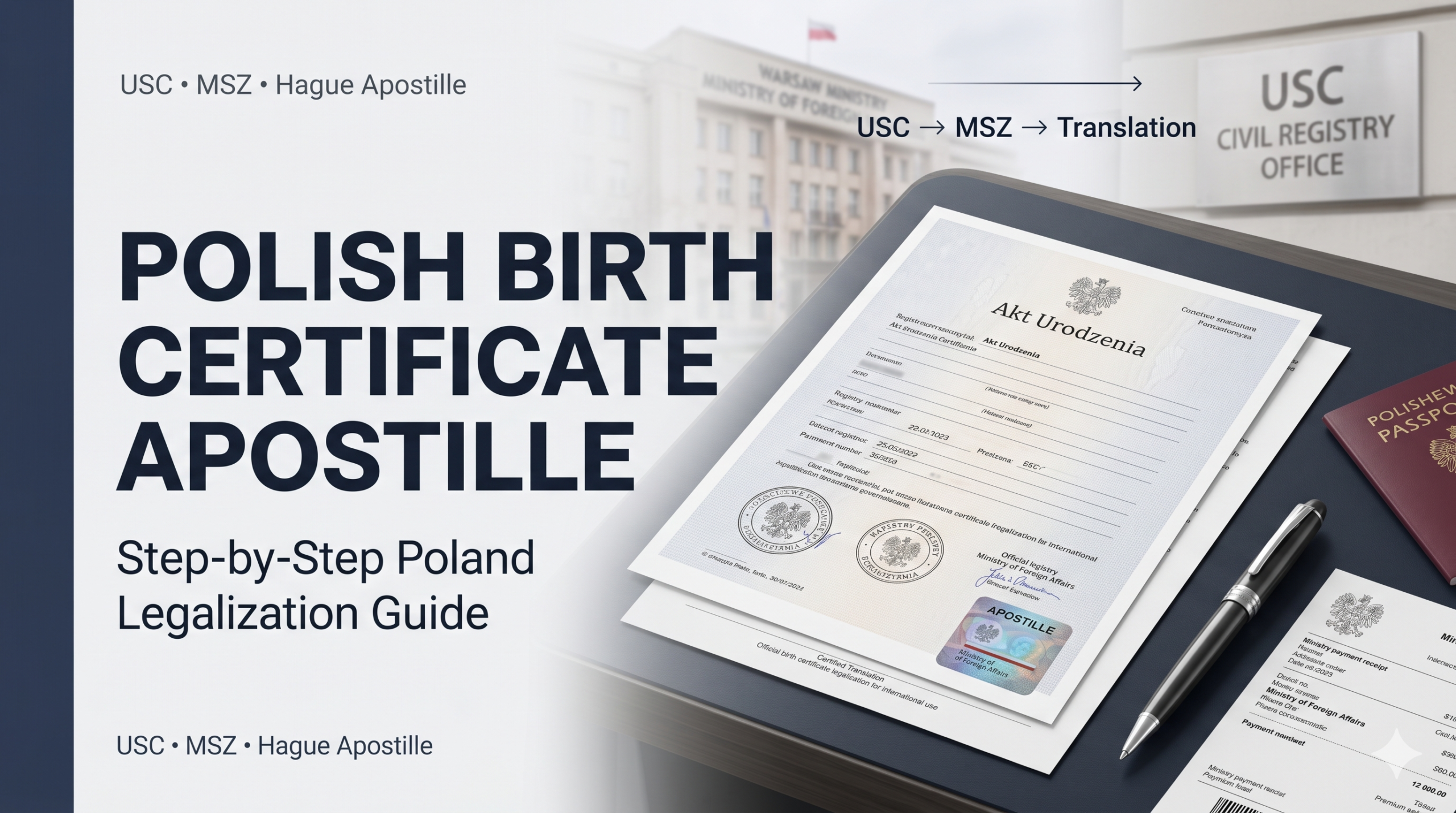 Minimalist colorful graphic showing how to get an apostille on polish birth certificate records