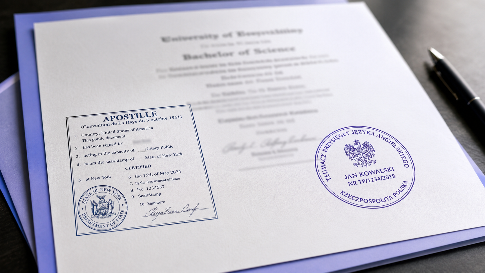 Minimalist colorful web graphic showing how to locate a Ministry of Justice registered sworn translator with apostille handling