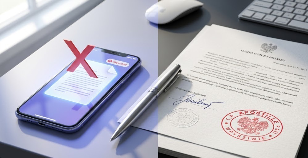 Rejected electronic Polish criminal record next to a valid physical e-KRK apostille.