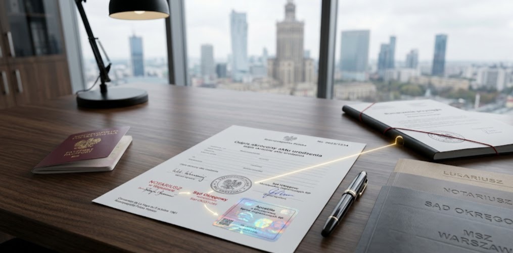 Minimalist colorful diagram outlining how to get a Polish Apostille on a copy of a document