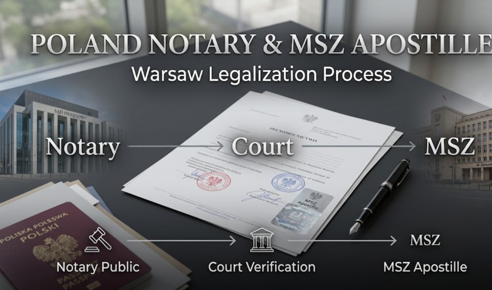 Modern minimalist colorful illustration explaining how to secure a notary public warsaw document with official state stamps
