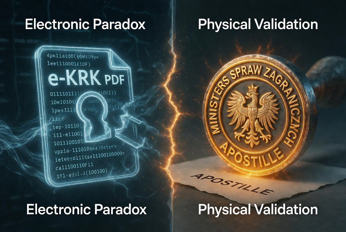 Step by step workflow showing how to apply for an E-Apostille for Polish e-KRK certificates