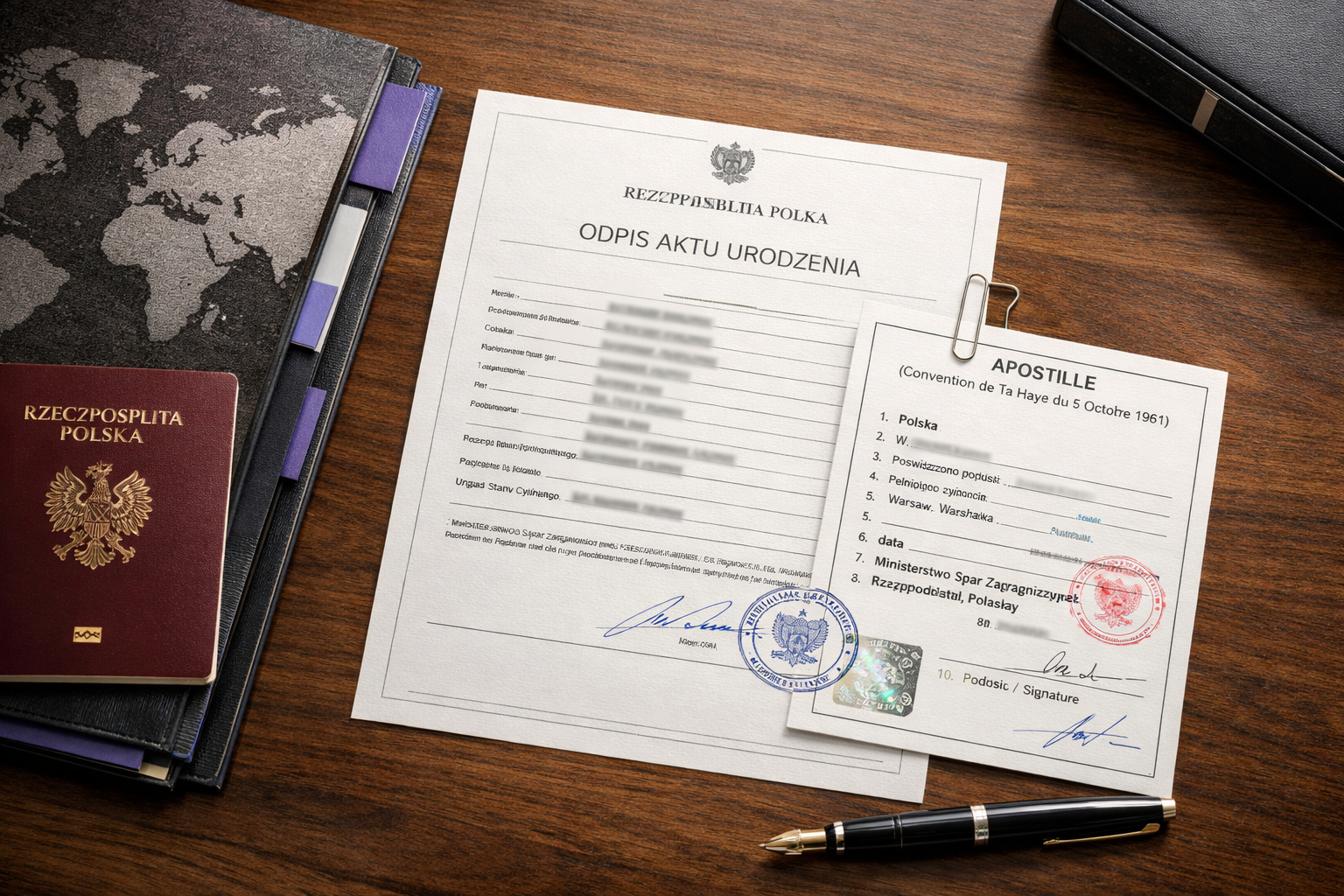 An official physical holographic Poland MSZ Apostille sticker applied directly onto a paper Polish birth certificate.
