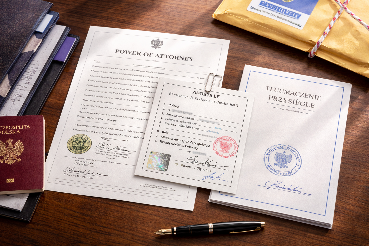 A close-up photograph of an official cross-border Power of Attorney legal document with a certified public notary stamp and signature.