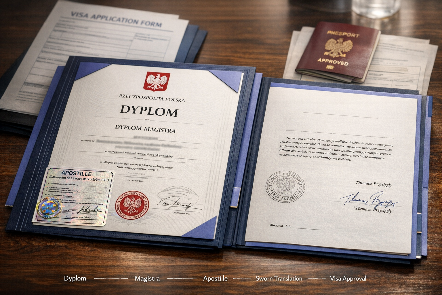 A certified translation of a Polish university diploma featuring official stamps and an attached physical Apostille sticker on a modern office desk in Warsaw.