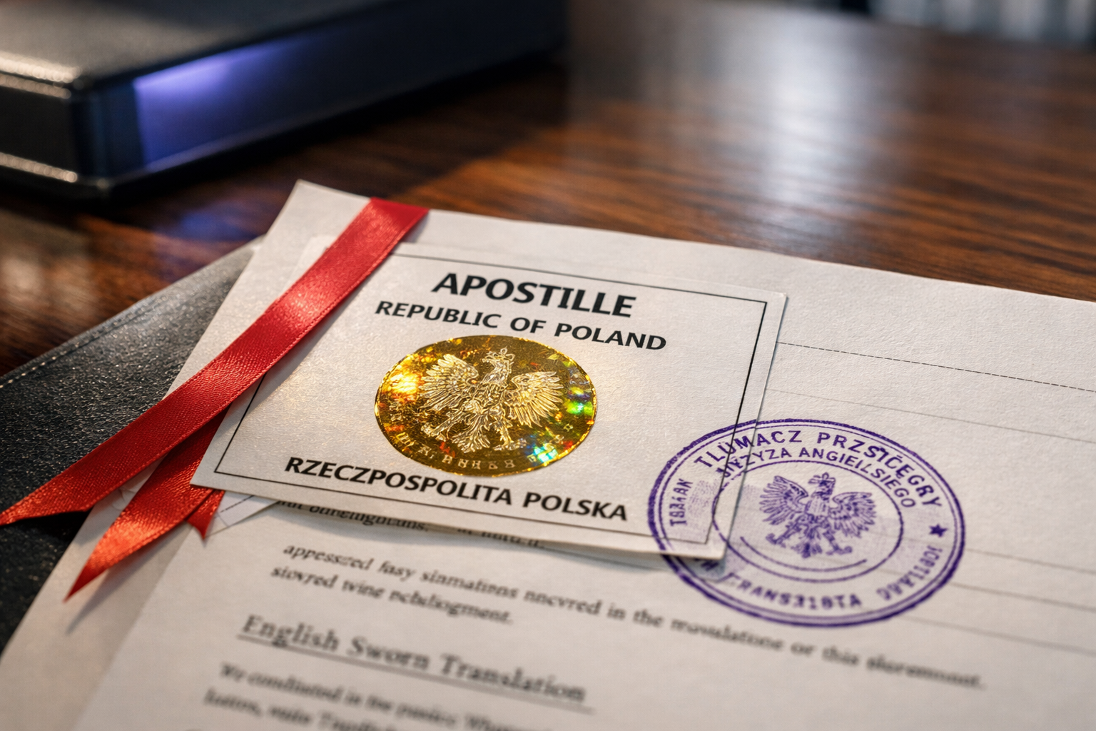 A precise close-up of a polish sworn translator round stamp applied onto an official Ministry of Foreign Affairs Apostille legalization sticker.